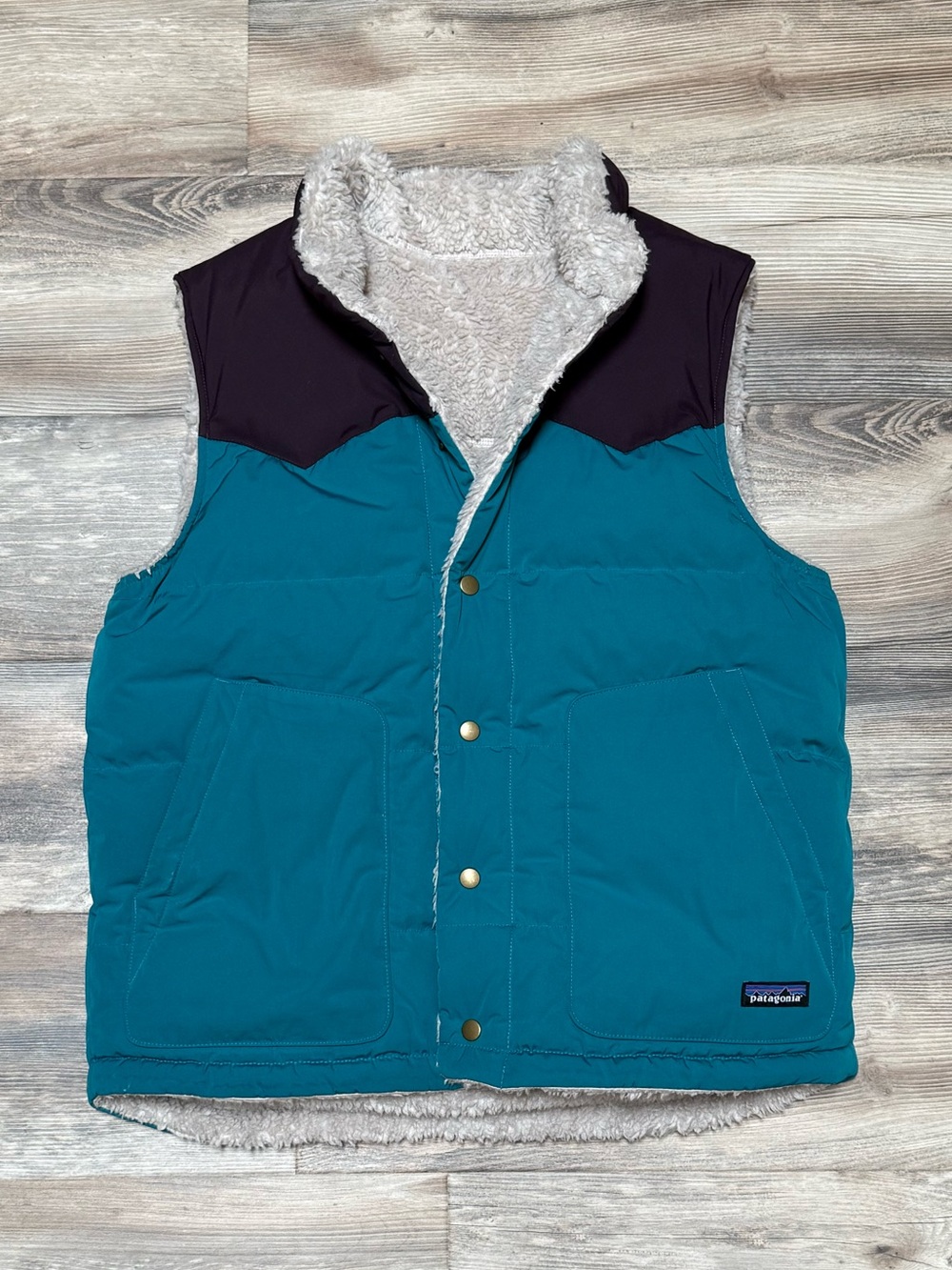 Patagonia Reversible Bivy Down Vest Men’s M Discontinued Teal Sherpa Fleece